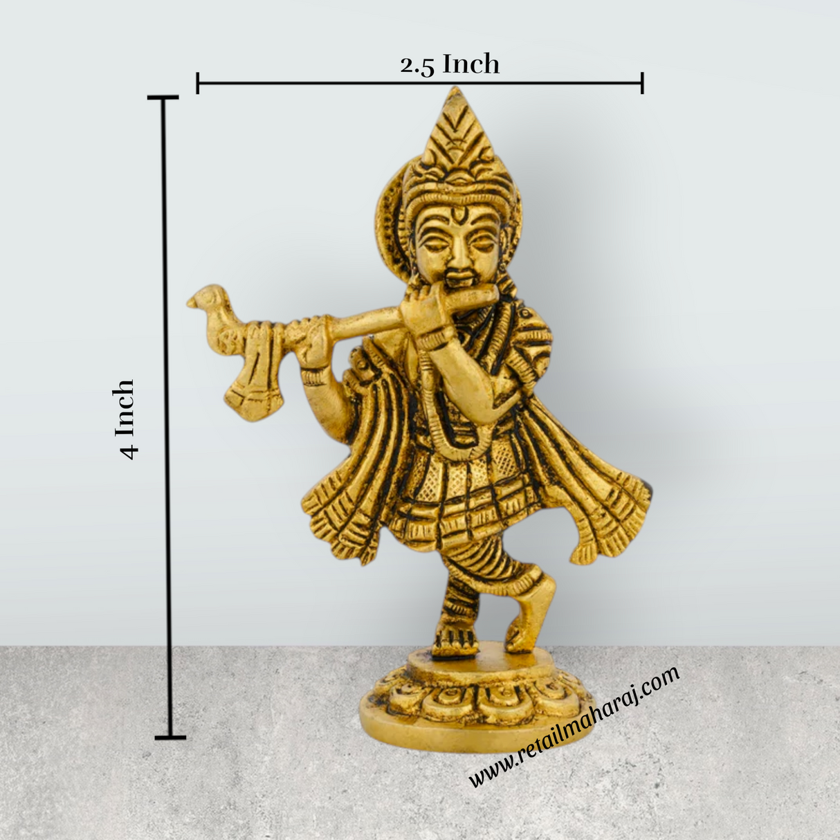 Flute Krishna Murti Standing On Base - 4 x 2.5 Inches | Antique Brass Idol/ Krishna Idol for Pooja - Retail Maharaj