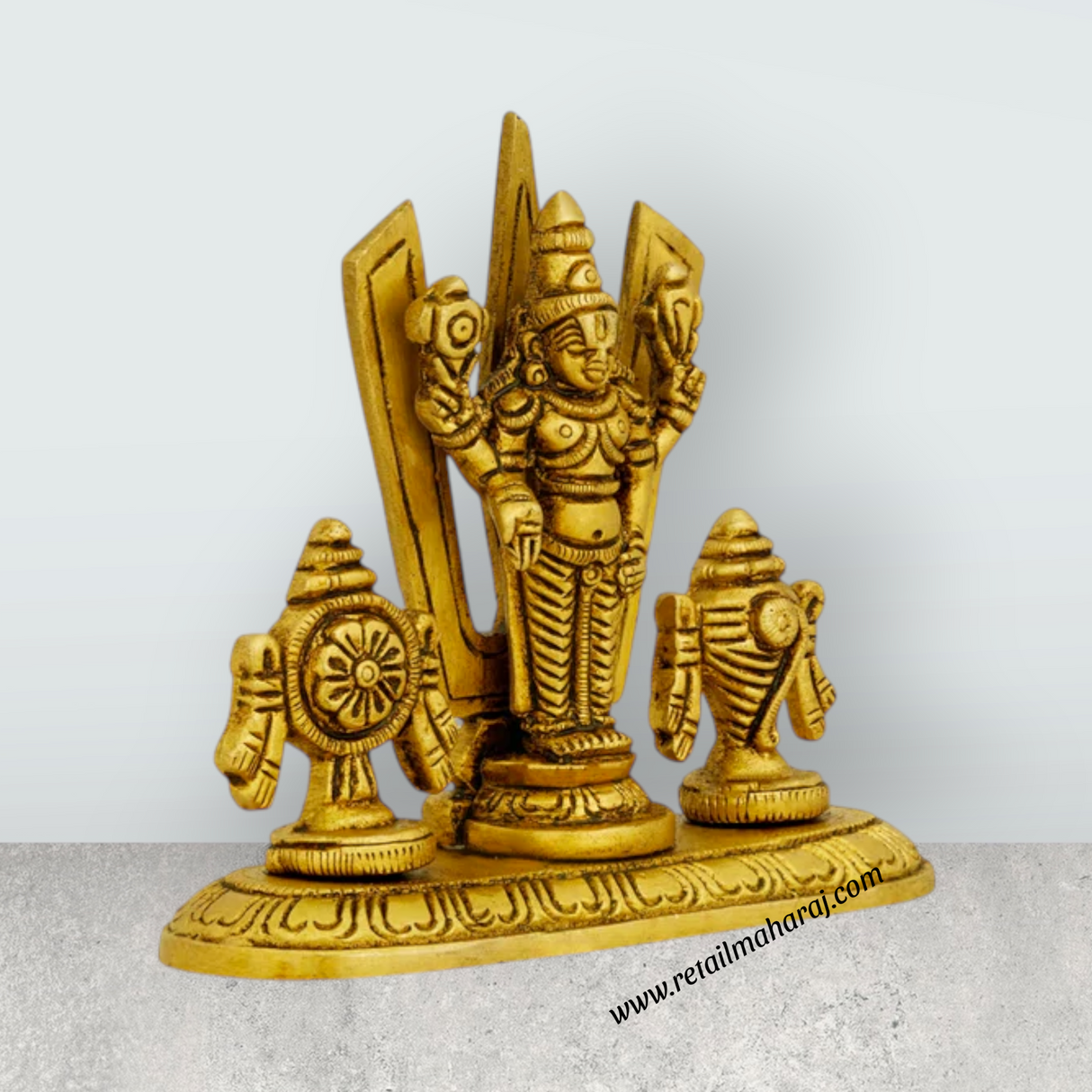 Balaji Shankh Chakra With Namam - 3.5 x 4 Inches | Antique Brass Idol/ Vishnu Murti With Base for Worship