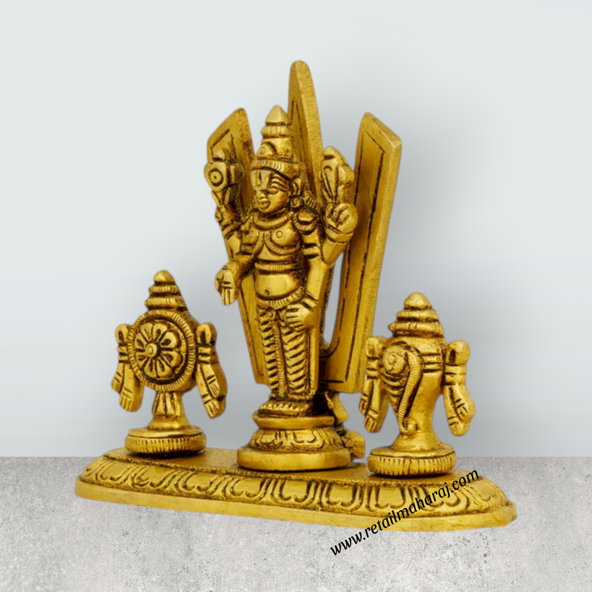 Balaji Shankh Chakra With Namam - 3.5 x 4 Inches | Antique Brass Idol/ Vishnu Murti With Base for Worship