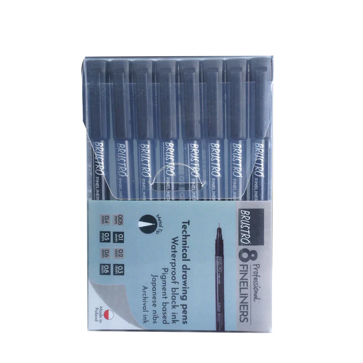 Brustro Professional Pigment Fineliner Set of 8 Black Ink for Technical Drawing - Retail Maharaj