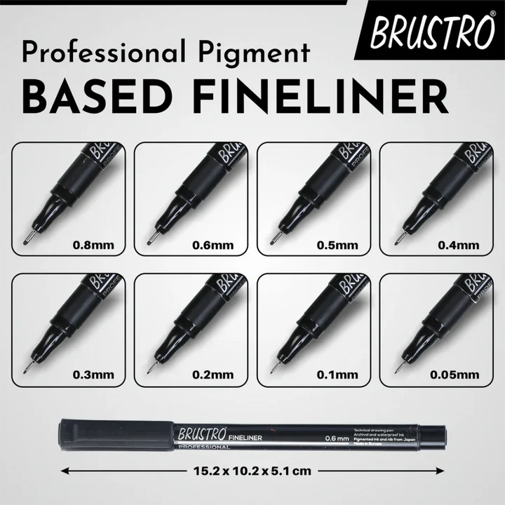 Brustro Professional Pigment Fineliner Set of 8 Black Ink for Technical Drawing - Retail Maharaj