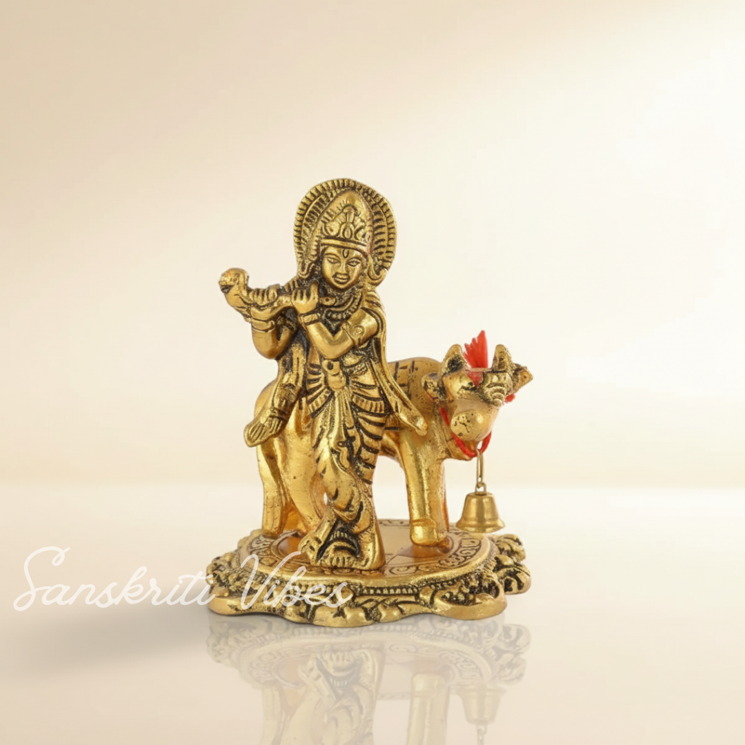 Kamdhenu Cow with Krishna Idol – Metal Decorative Statue for Pooja & Home Temple by Sanskriti Vibes | Glossy Finish - Retail Maharaj
