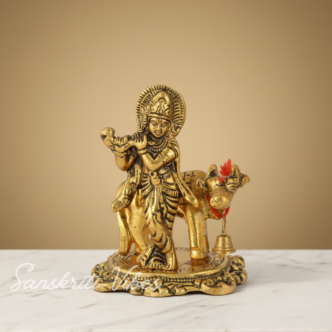 Kamdhenu Cow with Krishna Idol – Metal Decorative Statue for Pooja & Home Temple by Sanskriti Vibes | Glossy Finish - Retail Maharaj