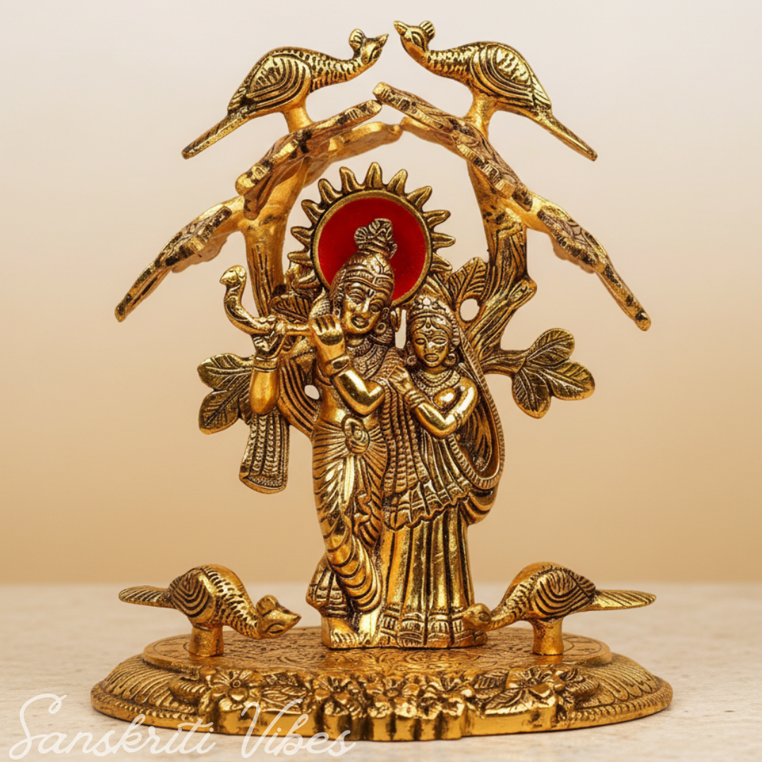 Radha Krishna Standing Playing Flute Under Tree – Metal Idol Statue with Gold Antique Finish by Sanskriti Vibes | Pooja & Home Decor - Retail Maharaj
