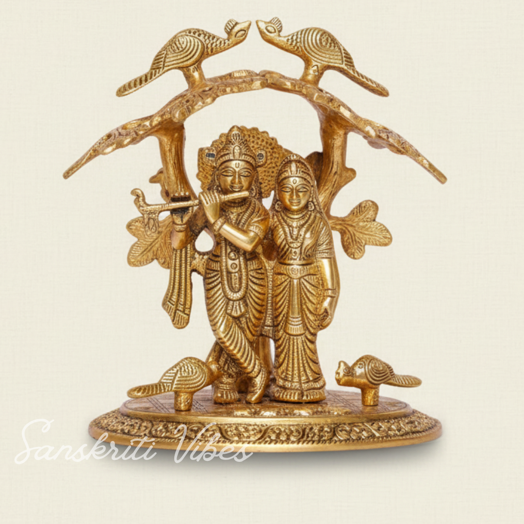 Radha Krishna Standing Playing Flute Under Tree – Metal Idol Statue with Gold Antique Finish by Sanskriti Vibes | Pooja & Home Decor - Retail Maharaj