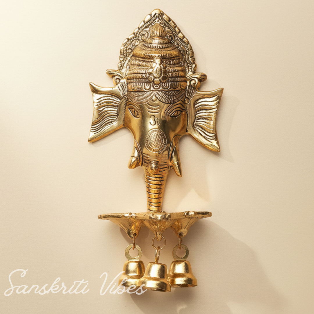 Metal Ganesha Wall Hanging with Diya & Three Bells – Gold Plated Aluminium Ganesh Diya for Home Decor, Temple & Auspicious Lighting (Glossy Finish, Made in India) - Retail Maharaj
