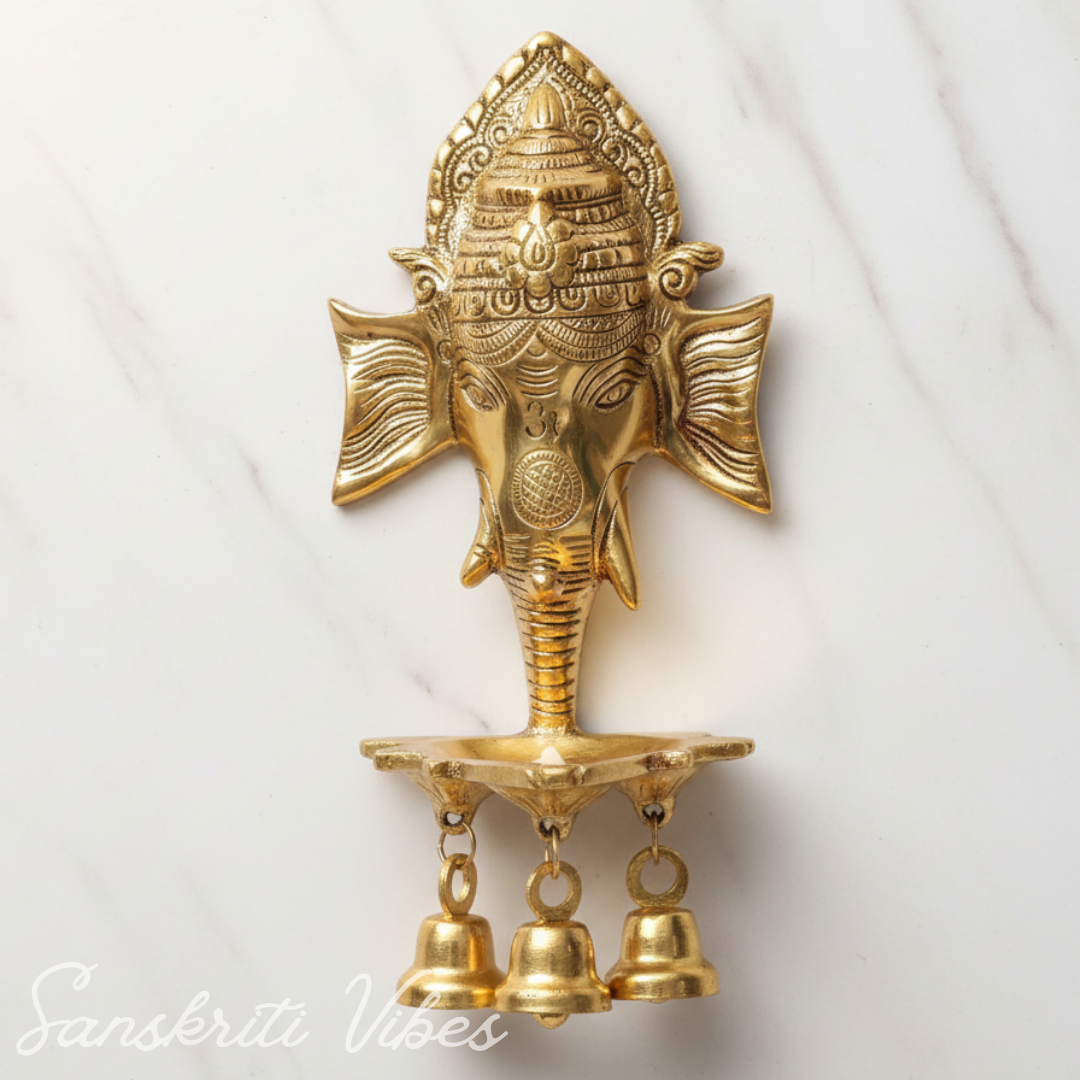 Metal Ganesha Wall Hanging with Diya & Three Bells – Gold Plated Aluminium Ganesh Diya for Home Decor, Temple & Auspicious Lighting (Glossy Finish, Made in India) - Retail Maharaj