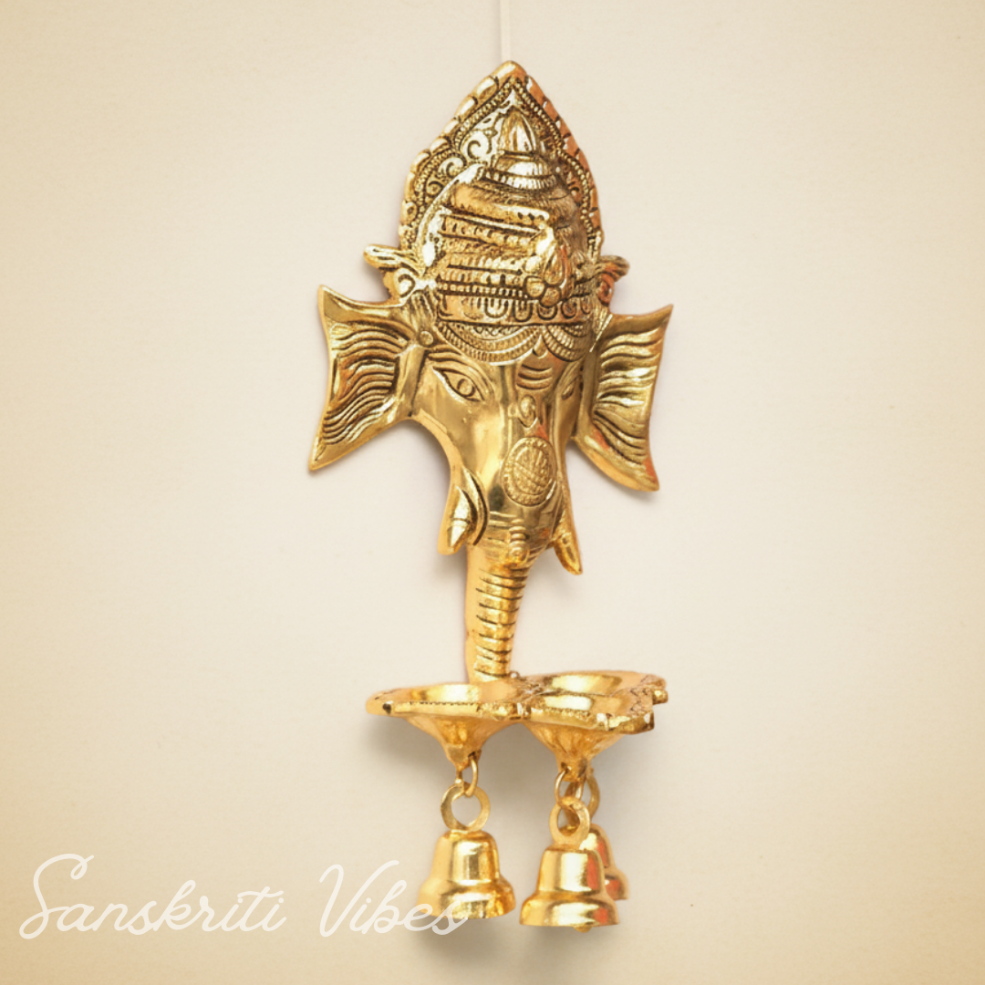 Metal Ganesha Wall Hanging with Diya & Three Bells – Gold Plated Aluminium Ganesh Diya for Home Decor, Temple & Auspicious Lighting (Glossy Finish, Made in India) - Retail Maharaj