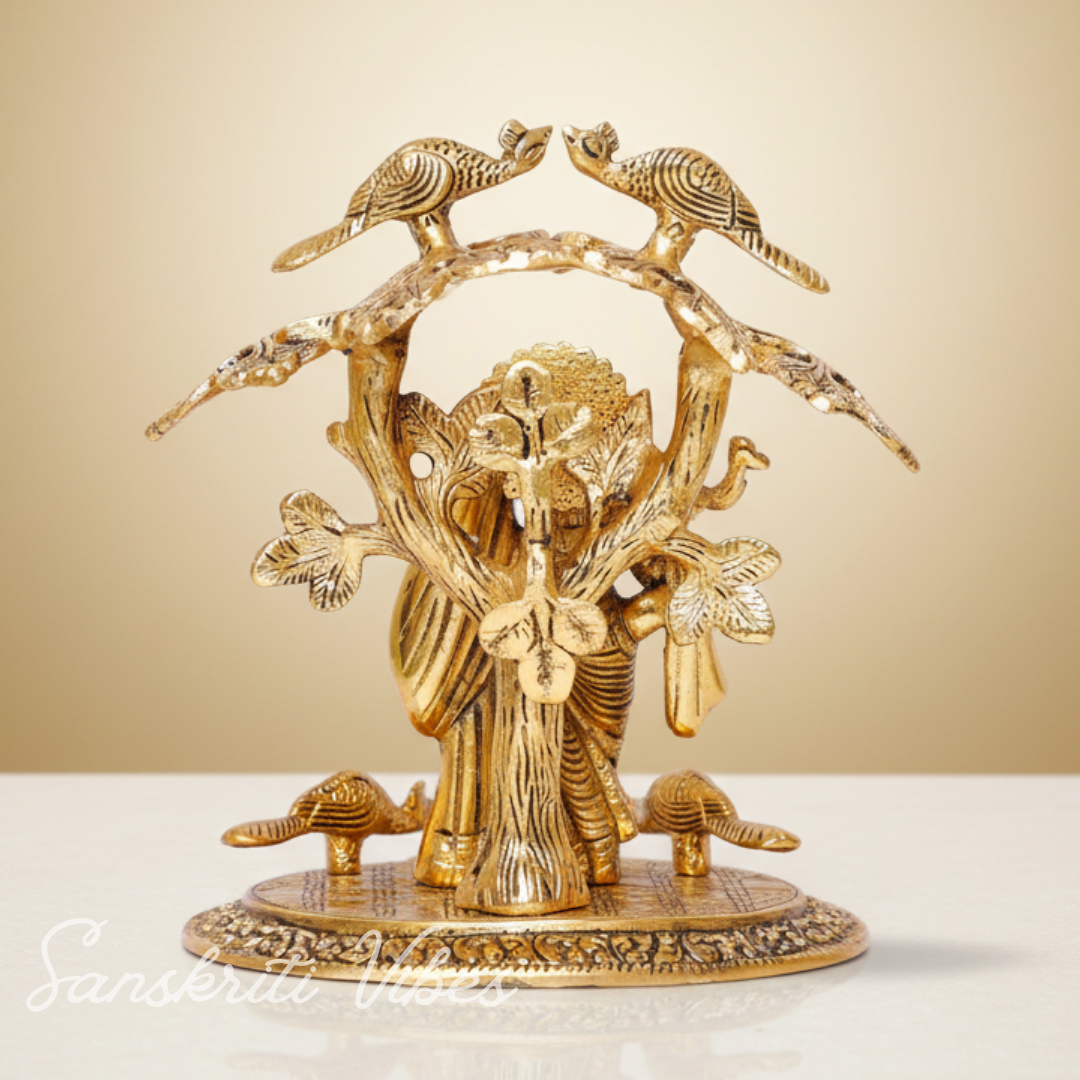 Radha Krishna Standing Playing Flute Under Tree – Metal Idol Statue with Gold Antique Finish by Sanskriti Vibes | Pooja & Home Decor - Retail Maharaj