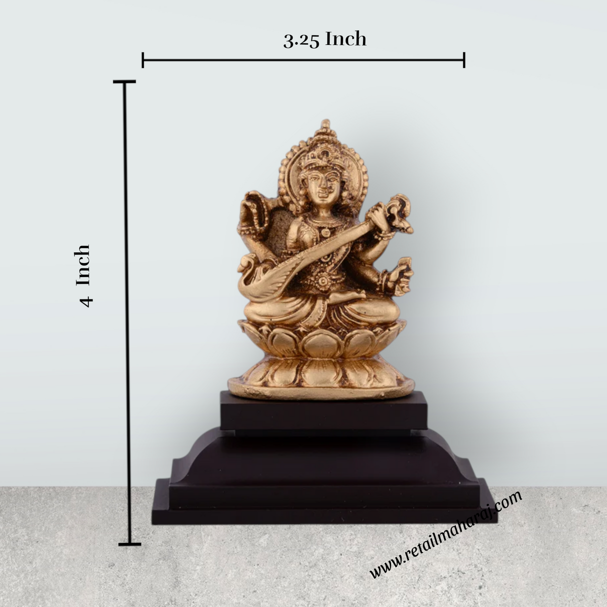 Saraswati Murti Sitting On Lotus Flower - 4 x 3.25 Inches | Resin Statue/ Saraswathy Idol With Base for Pooja - Retail Maharaj