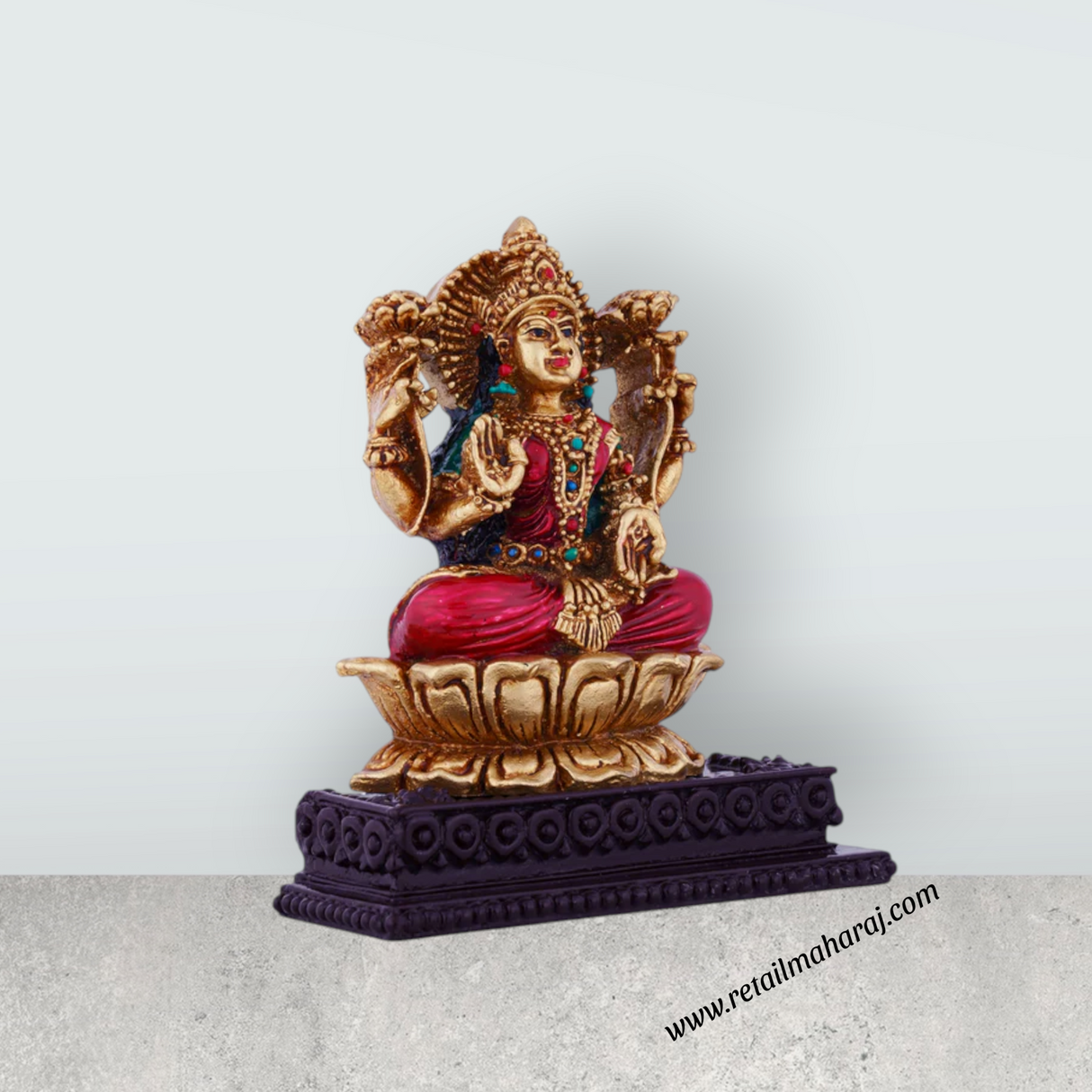 Lakshmi Idol Sitting On Lotus Flower - 4 x 3.5 Inches | Resin Statue/ Coloured Laxmi Idol for Pooja - Retail Maharaj