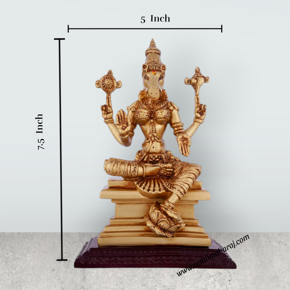 Varahi Amman Statue Sitting On Base - 7.5 x 5 Inches | Resin Gold Polish Varahi Idol for Pooja - Retail Maharaj