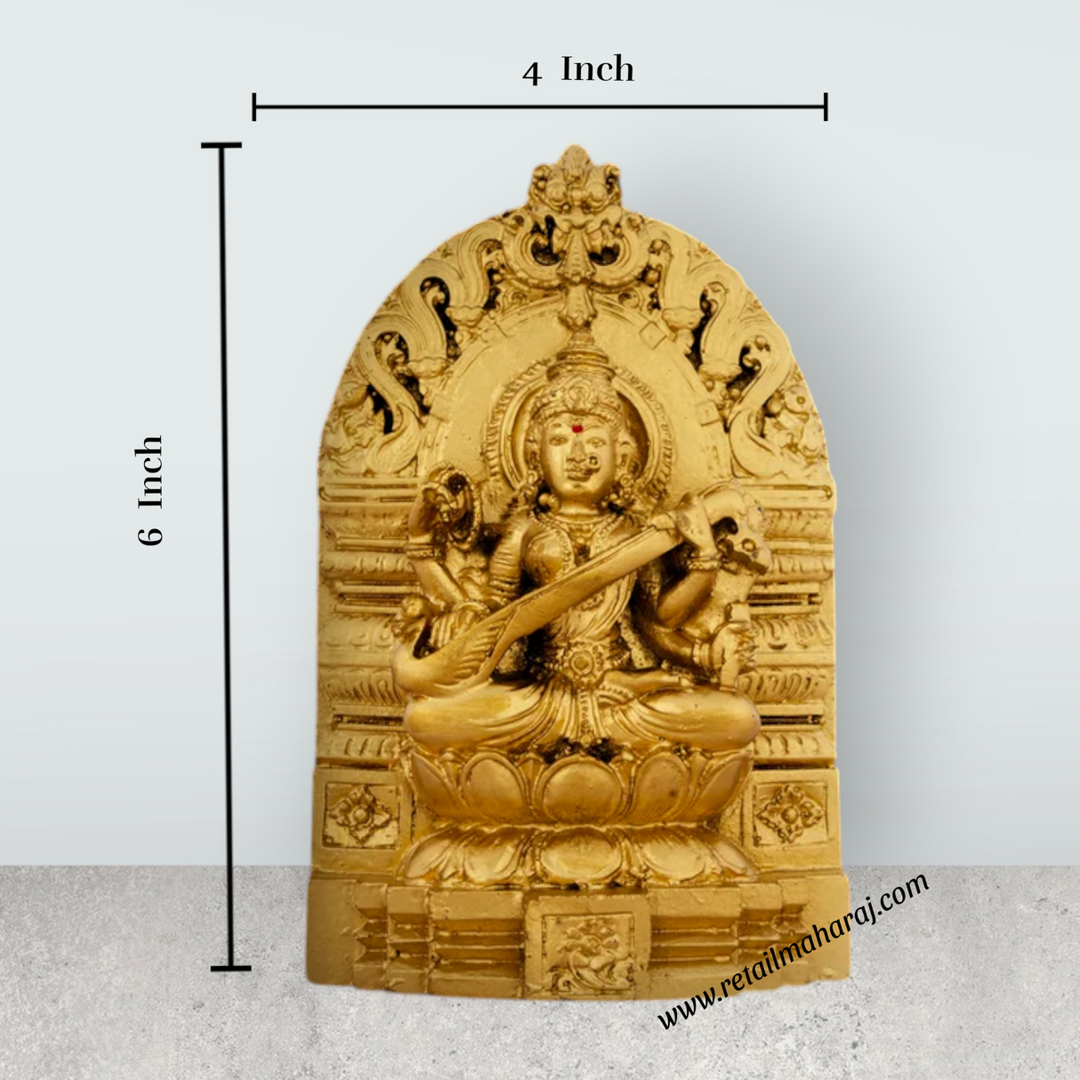 Saraswati Murti With Arch - 6 x 4 Inches | Resin Statue/ Gold Polish Saraswati Idol for Pooja/ 500 Gms Approx - Retail Maharaj