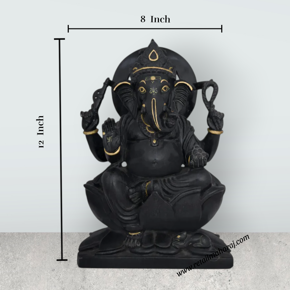 Ganesha Sitting On Kamal Base Murti - 12 x 8 Inches | Black Marble Vinayakar Idol / Ganapathi Sculpture For Home Decor - Retail Maharaj