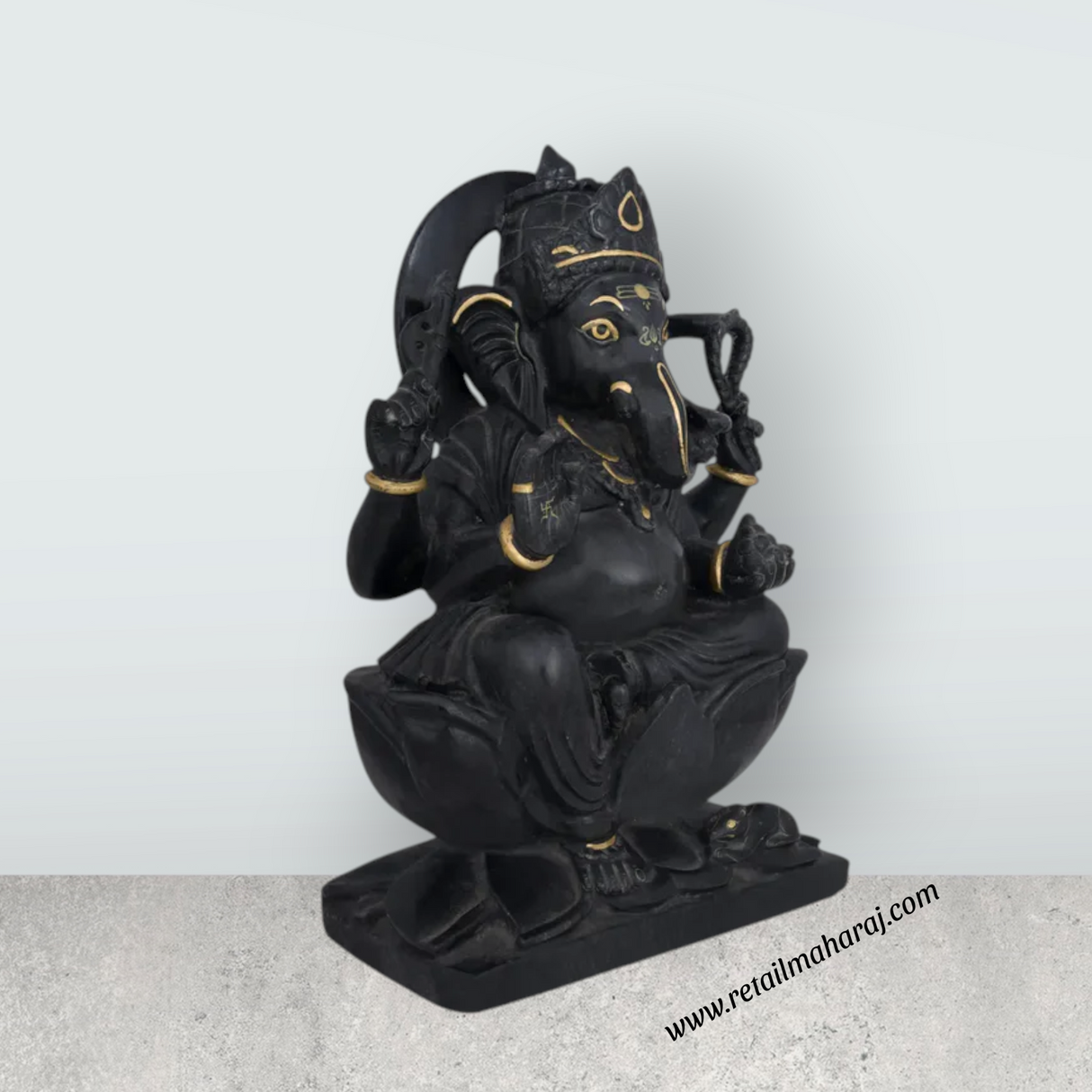 Ganesha Sitting On Kamal Base Murti - 12 x 8 Inches | Black Marble Vinayakar Idol / Ganapathi Sculpture For Home Decor - Retail Maharaj