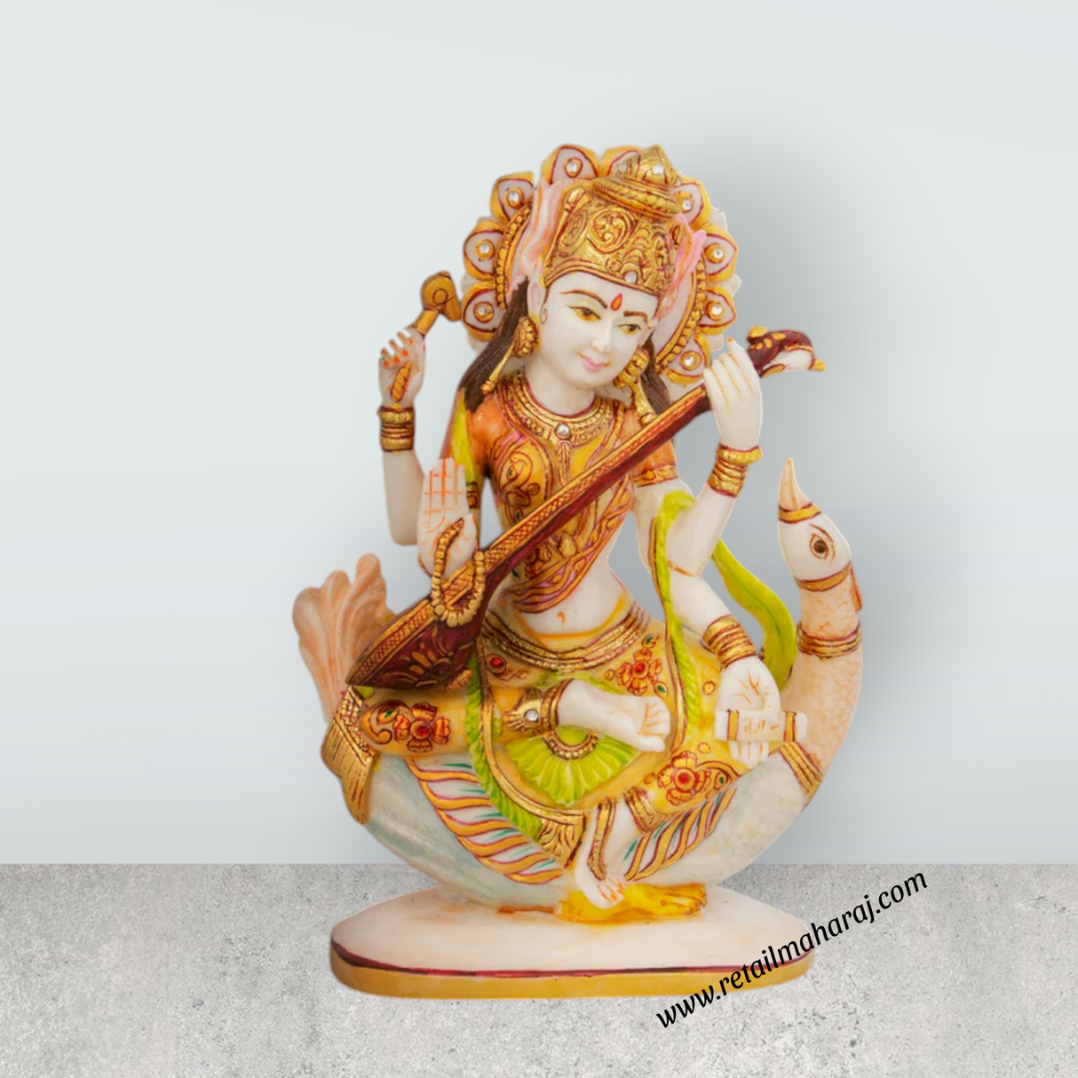 Saraswati Murti - 8 x 7.5 Inches | Saraswati Idol Sitting On Swan/ Resin Statue for Pooja - Retail Maharaj
