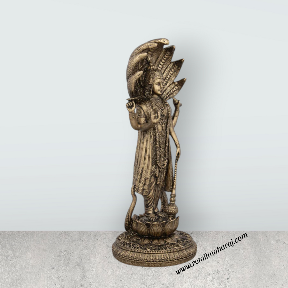 Vishnu Murti - 12 x 5 Inches | Resin Statue/ Brass Polish Vishnu Idol for Pooja - Retail Maharaj