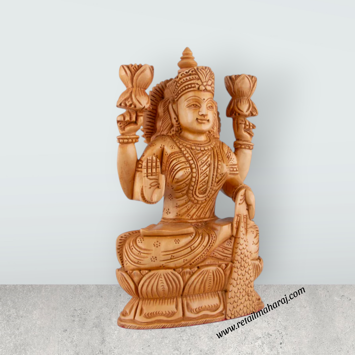 Lakshmi Idol - 8.5 x 5.5 Inches | Wooden Statue/ Sitting Lakshmi Murti for Pooja - Retail Maharaj