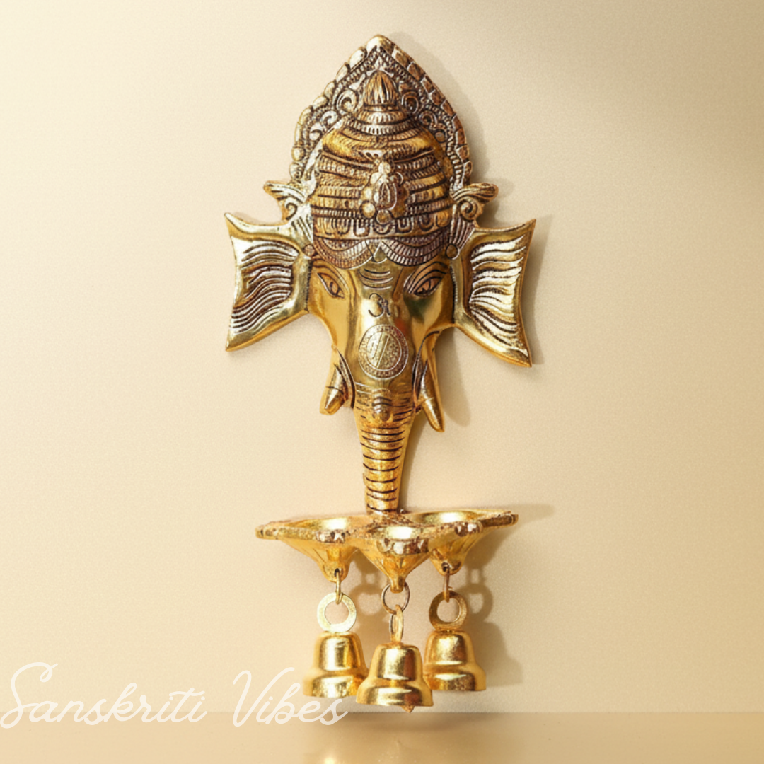 Metal Ganesha Wall Hanging with Diya & Three Bells – Gold Plated Aluminium Ganesh Diya for Home Decor, Temple & Auspicious Lighting (Glossy Finish, Made in India) - Retail Maharaj
