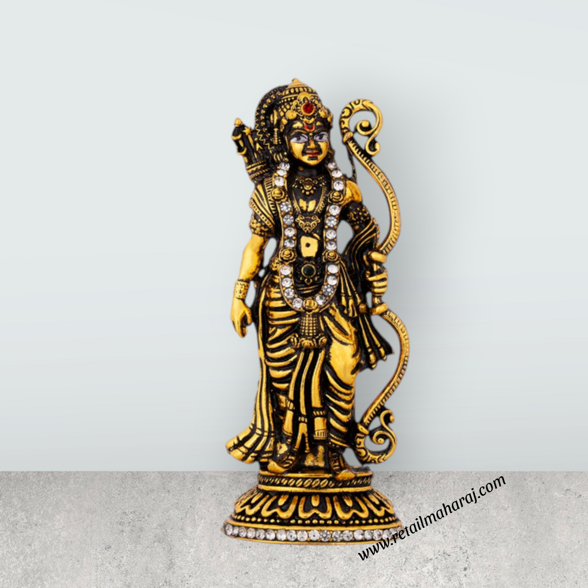 Rama Idol Standing On Base - 3.75 x 1.5 Inches | Metal & Antique Gold Polish Ramar Statue for Home & Table Top - Retail Maharaj