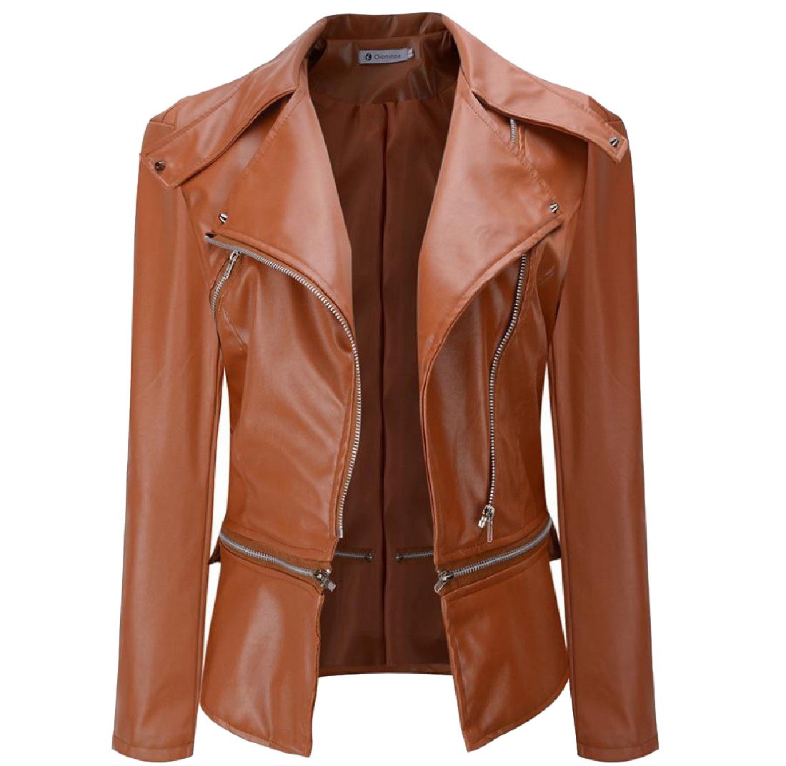 Comfy Women Zip Lapel Solid Stitching Pu Leather Outwear Jacket Overcoat Pattern1 2XL, Pattern1, US 2XLarge - Retail Maharaj