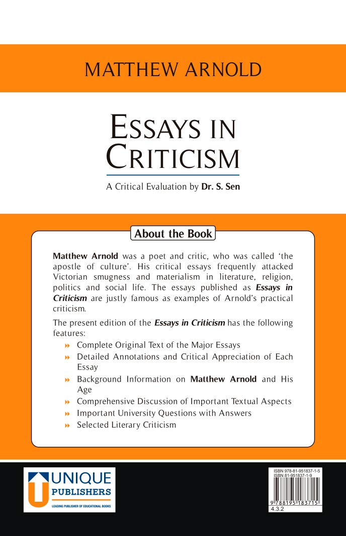 Essays in Criticism - Mathew Arnold (A Critical Analysis by Dr. S. Sen) - Retail Maharaj