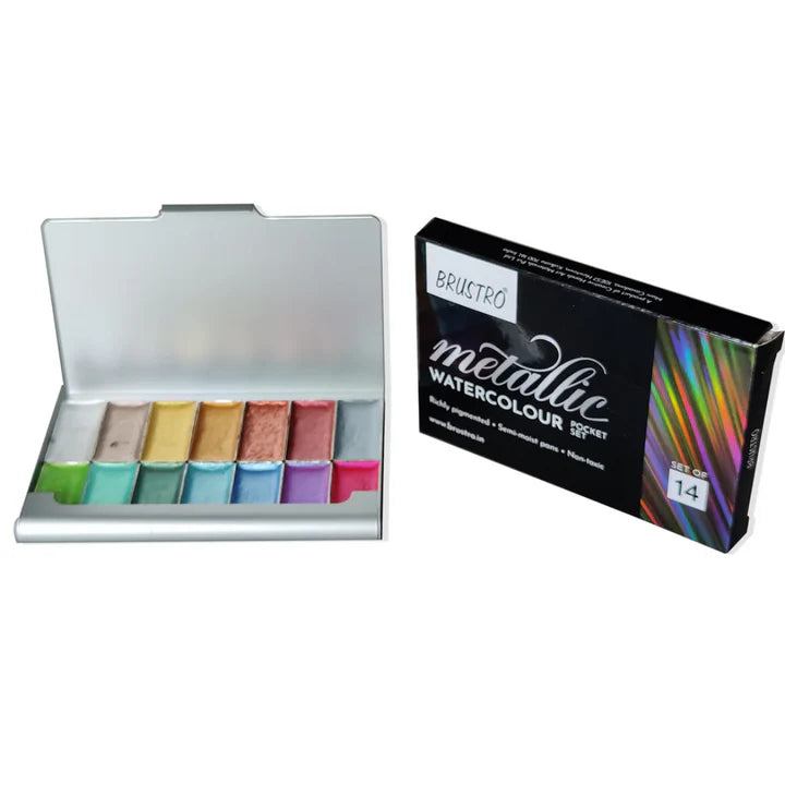 Brustro Artist Metallic Watercolour Half Pans Set of 14 - Retail Maharaj