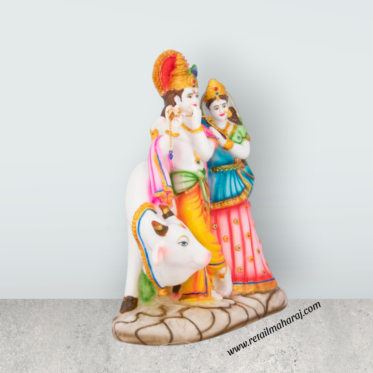 Radha Krishna Murti with Cow - 11 x 8 Inches | Radha Krishna Idol for Pooja