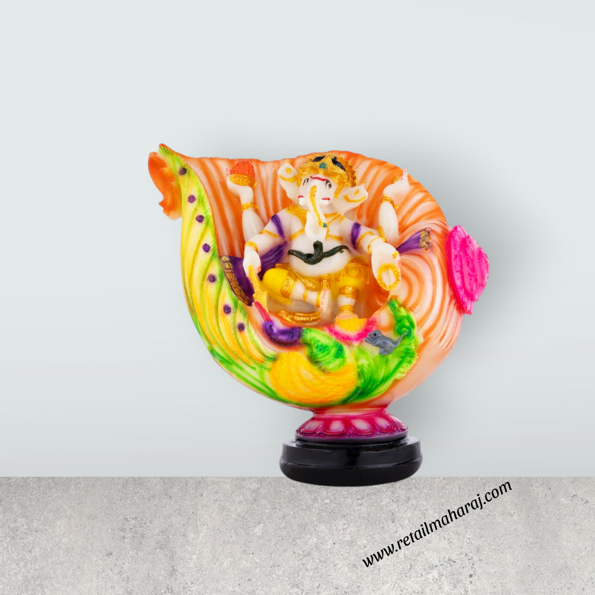 Ganesh Murti Sitting On Shankh - 7.5 x 7 Inches | Marble Dust Murti / Coloured Ganpati Murti for Pooja - Retail Maharaj