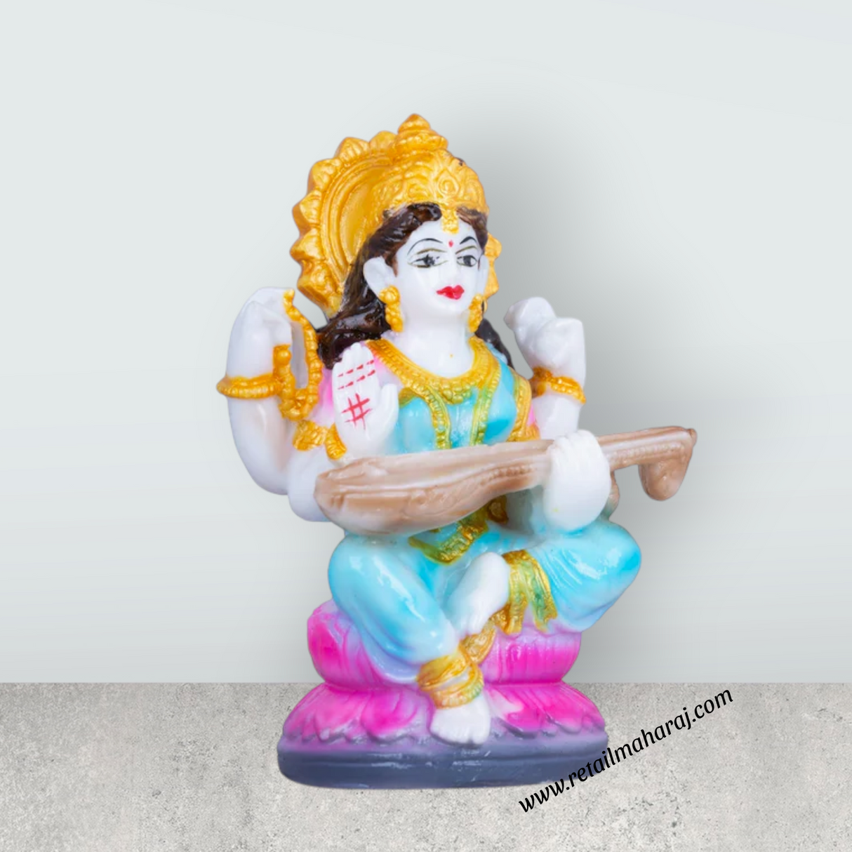 Saraswati Murti Sitting On Lotus - 4.5 x 2.5 Inches | Marble Murti/ Saraswati Idol/Saraswathy Idol for Home - Retail Maharaj
