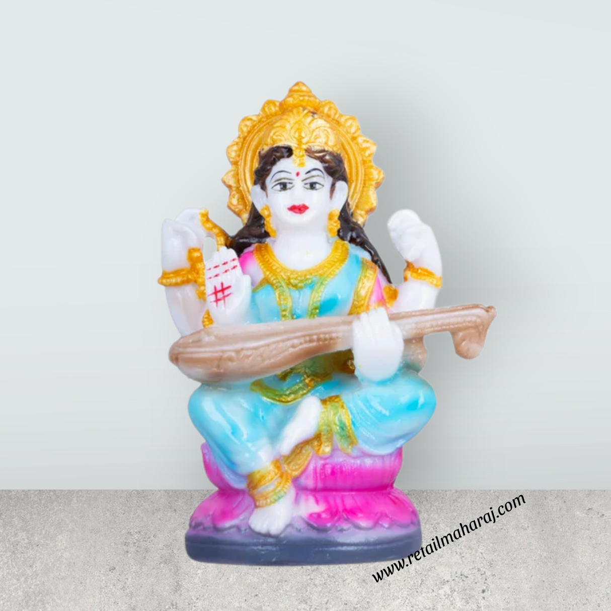 Saraswati Murti Sitting On Lotus - 4.5 x 2.5 Inches | Marble Murti/ Saraswati Idol/Saraswathy Idol for Home - Retail Maharaj