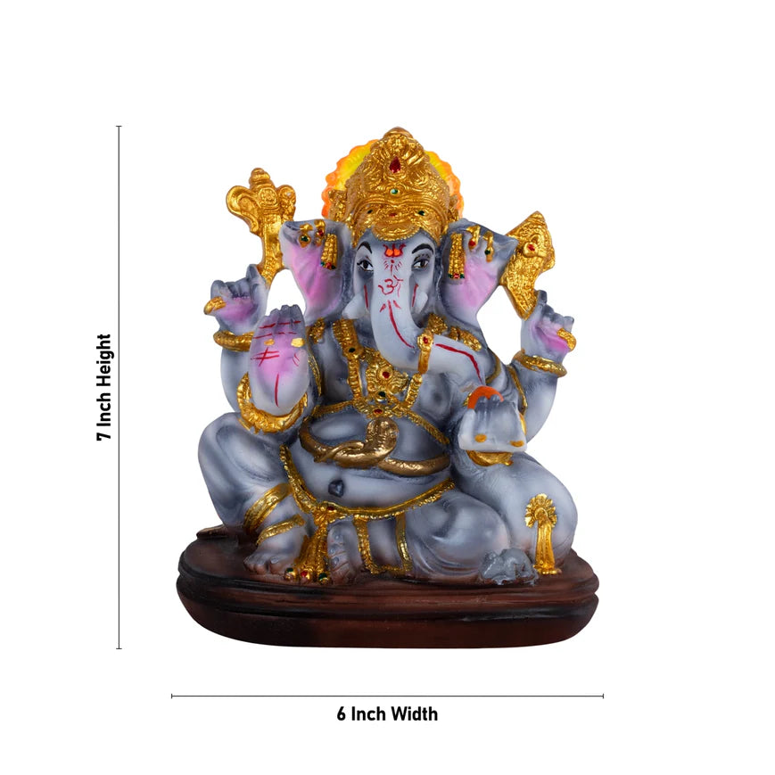Ganesh Murti Sitting On Base - 7 x 6 Inches | Resin Statue / Ganpati Murti / Vinayaka Idol For Pooja & Home Decor - Retail Maharaj