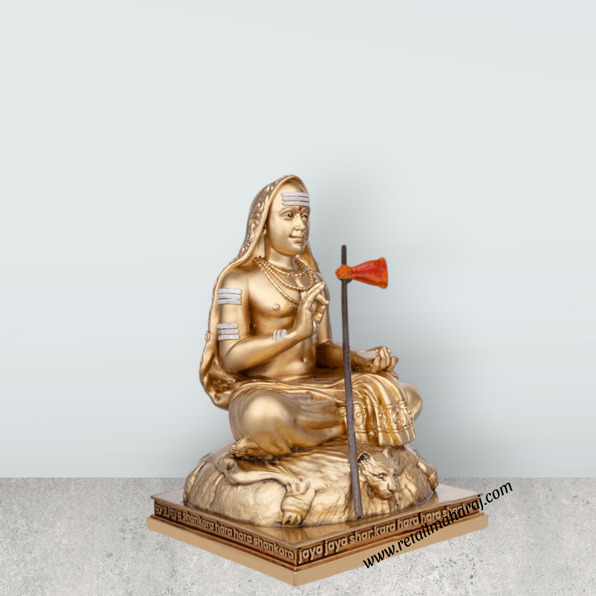 Adi Shankara Statue Sitting On Base - 6.5 x 4.5 Inches | Resin Statue / Gold Polish Shankaracharya Murti for Pooja - Retail Maharaj