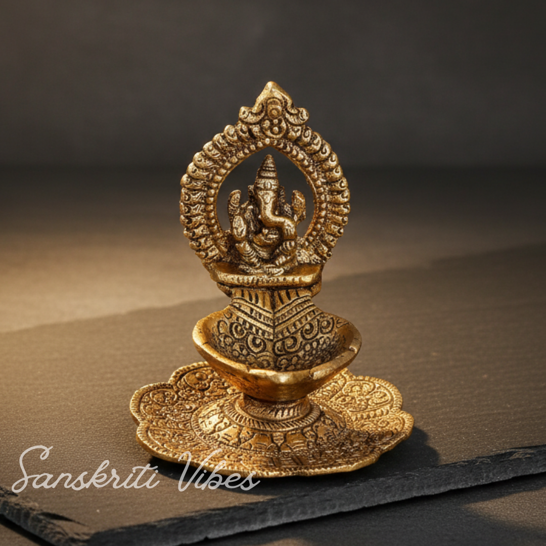 Aluminium Metal Ganesh Diya with Swastik Engraving – Gold Plated Hath Deepak Ganesh Statue for Home Decor & Auspicious Puja (Glossy Finish, Made in India)