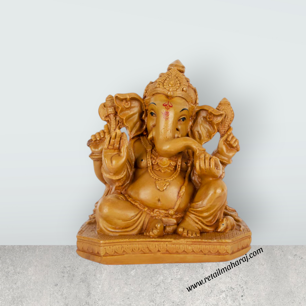 Ganesh Murti Sitting On Base - 8 x 7 Inches | Marble Dust Murti/ Wooden Polish Vinayaka Statue for Worship - Retail Maharaj