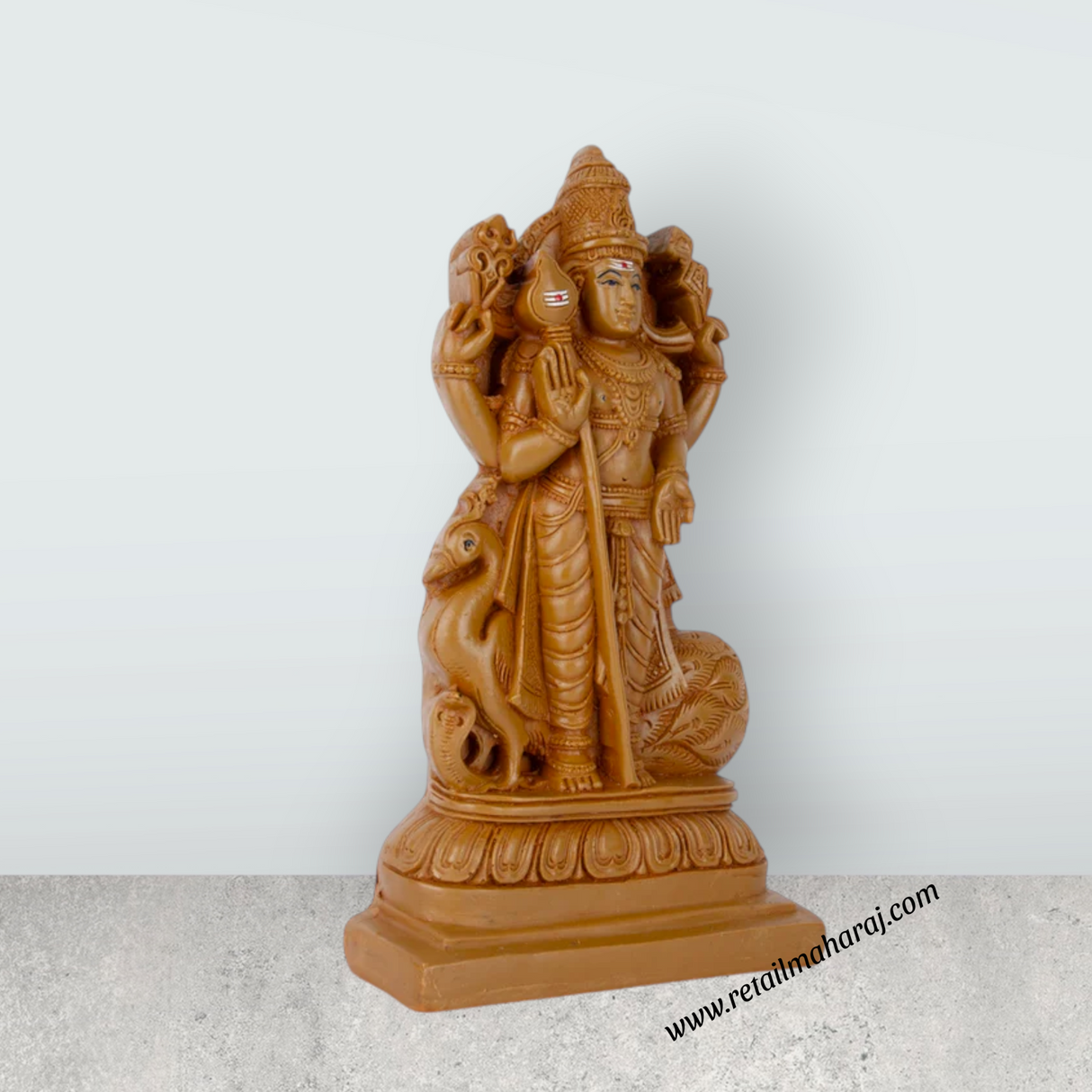 Murugan Statue With Peacock - 8 x 4.5 Inches | Resin Statue/ Wooden Polish Standing Kartikeya Statue for Pooja - Retail Maharaj