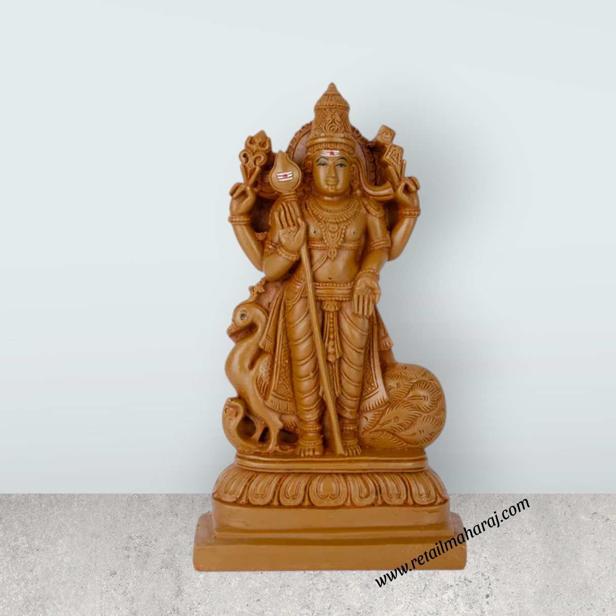 Murugan Statue With Peacock - 8 x 4.5 Inches | Resin Statue/ Wooden Polish Standing Kartikeya Statue for Pooja - Retail Maharaj