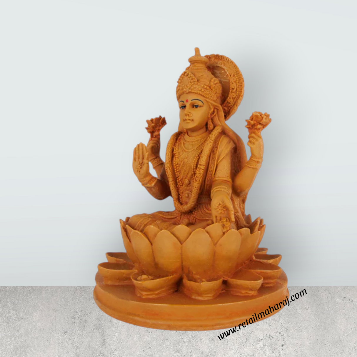 Lakshmi Idol Sitting On Flower Base - 6 x 5 Inches | Resin Statue/ Wooden Polish Laxmi Idol for Pooja - Retail Maharaj