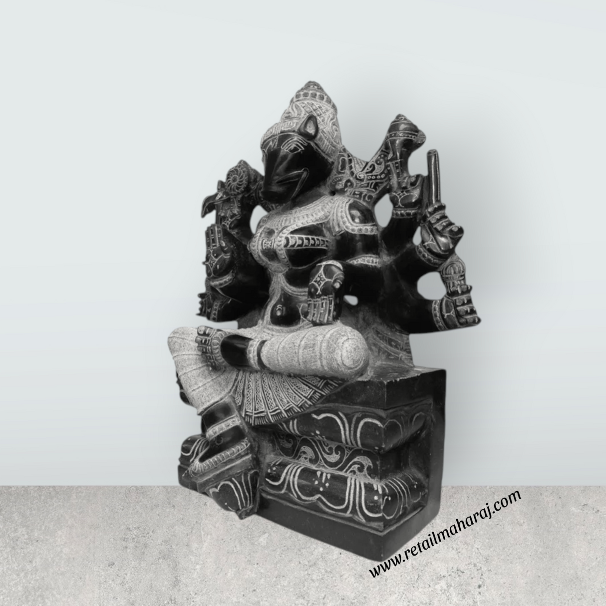 Varahi Amman Sitting on Base Murti - 30 x 24 Inches | Black Stone Idol/ Varahi Amman Idol With 8 Hands for Pooja - Retail Maharaj