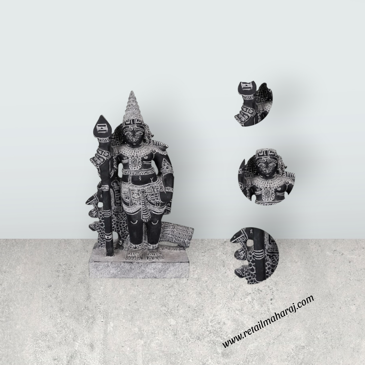 Bala Murugan Standing on Base Murti - 20 x 13 Inches | Black Stone Idol / Kartikeya Statue for Pooja - Retail Maharaj