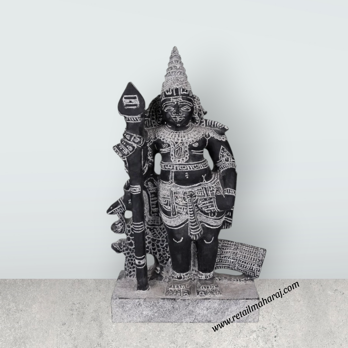 Bala Murugan Standing on Base Murti - 20 x 13 Inches | Black Stone Idol / Kartikeya Statue for Pooja - Retail Maharaj