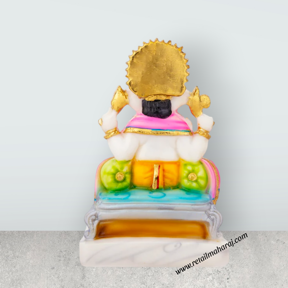Ganesh Murti Sitting On Sinhasan - 7 x 5 Inches | Marble Dust Murti & Painted Vinayaka Statue for Pooja - Retail Maharaj