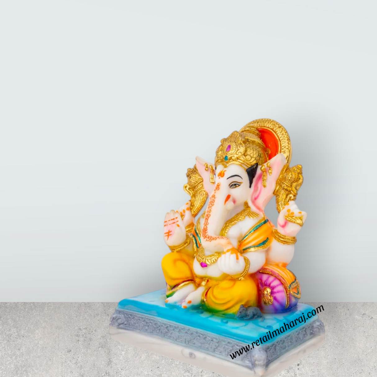 Ganesh Murti Sitting On Base - 7.5 x 6 Inches | Marble Dust Murti/ Painted Vinayaka Statue for Worship - Retail Maharaj
