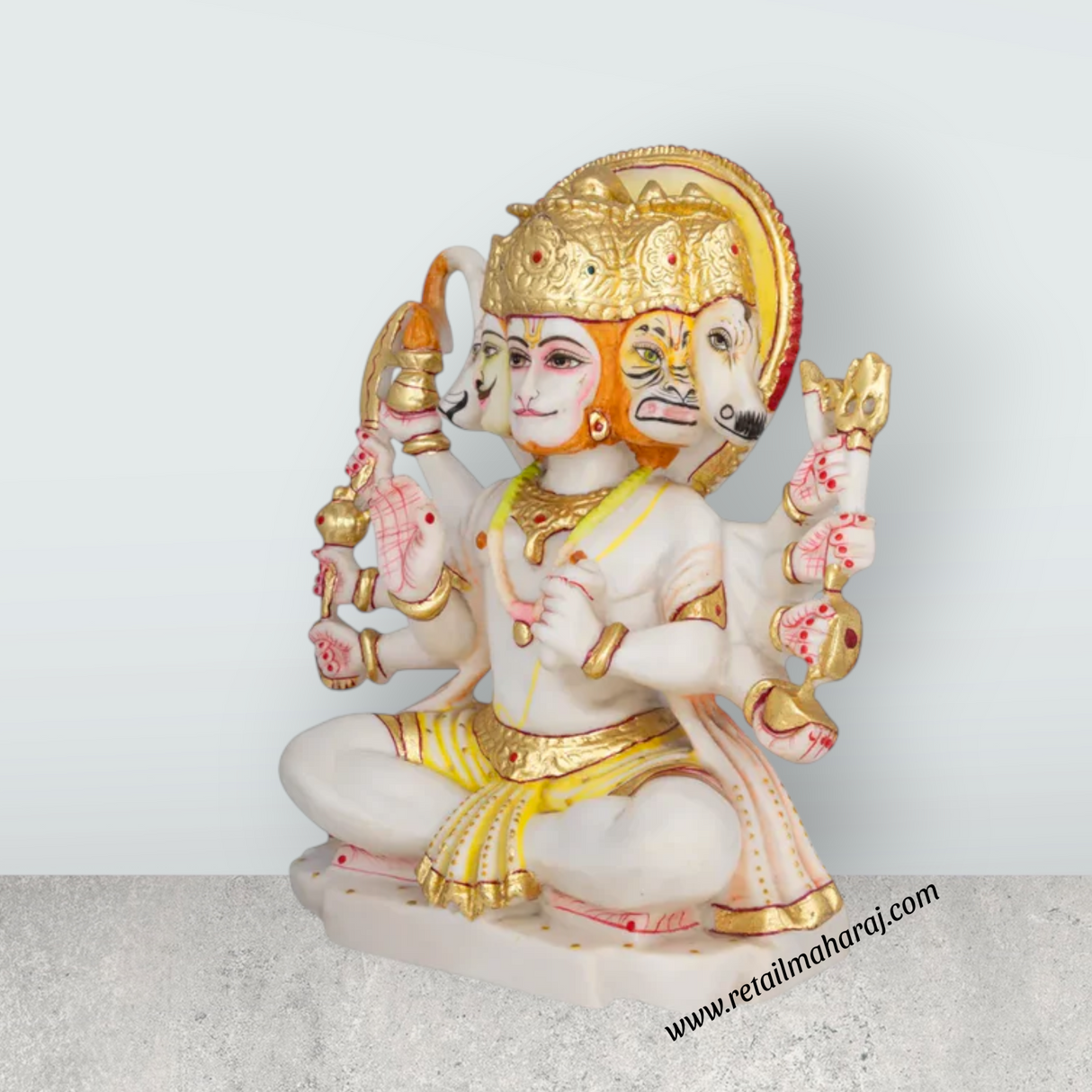 Panchamukhi Hanuman Sitting On Base Murti - 12 x 9 Inches | Marble Statue / Anjaneyar Sculpture For Home Decor