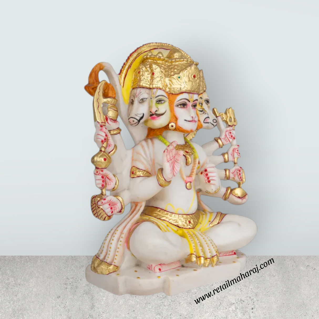 Panchamukhi Hanuman Sitting On Base Murti - 12 x 9 Inches | Marble Statue / Anjaneyar Sculpture For Home Decor