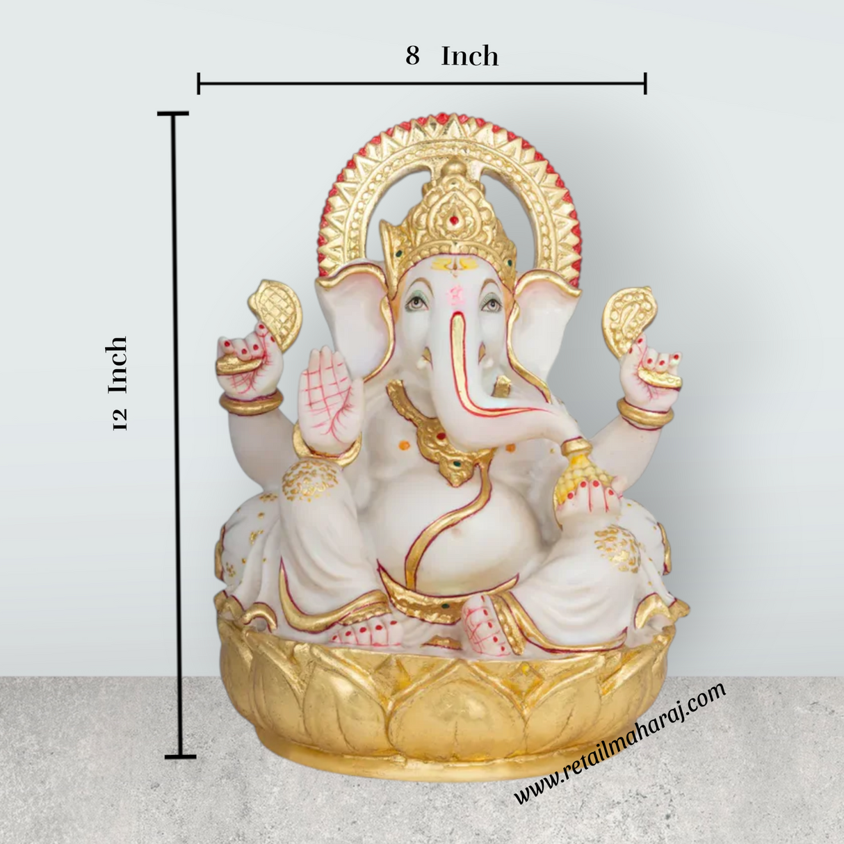 Ganesha Sitting On Lotus Murti - 12 x 8 Inches | Marble Ganesh Idol / Vinayagar Sculpture Decor For Home & Pooja - Retail Maharaj
