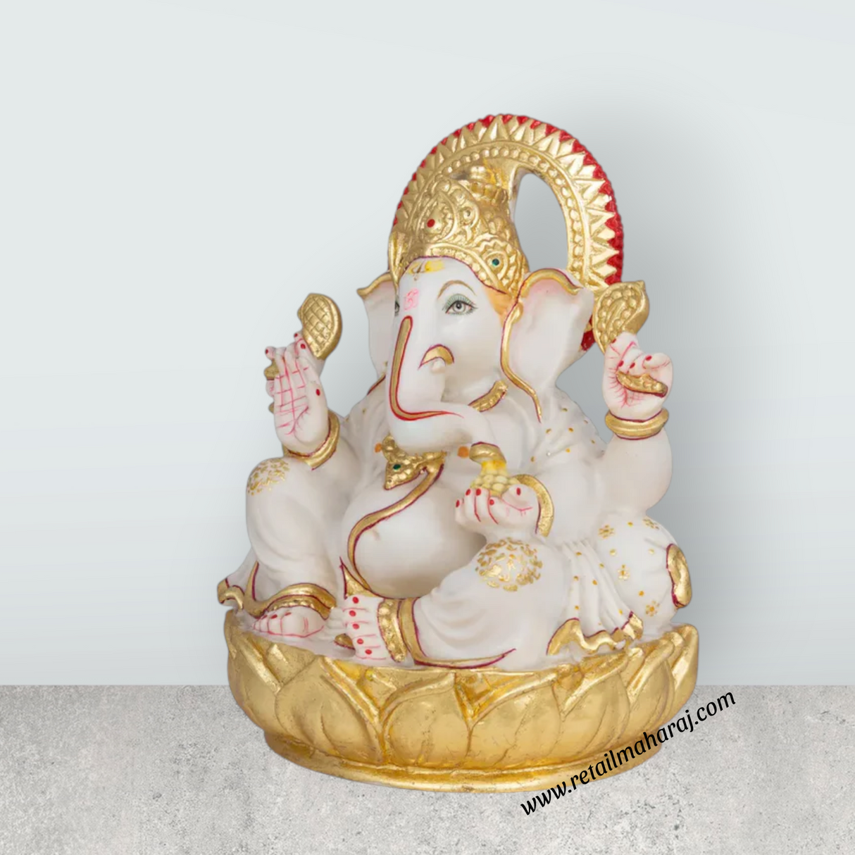 Ganesha Sitting On Lotus Murti - 12 x 8 Inches | Marble Ganesh Idol / Vinayagar Sculpture Decor For Home & Pooja - Retail Maharaj