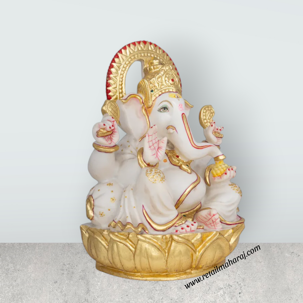 Ganesha Sitting On Lotus Murti - 12 x 8 Inches | Marble Ganesh Idol / Vinayagar Sculpture Decor For Home & Pooja - Retail Maharaj