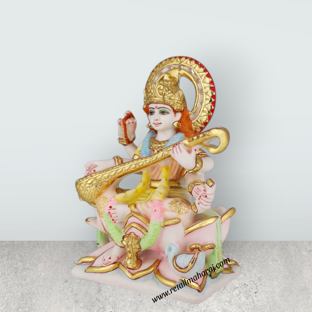 Saraswati Sitting On Base Murti - 9 x 6.5 Inches | Marble Idol / Saraswathy Statue For Home Pooja Décor - Retail Maharaj