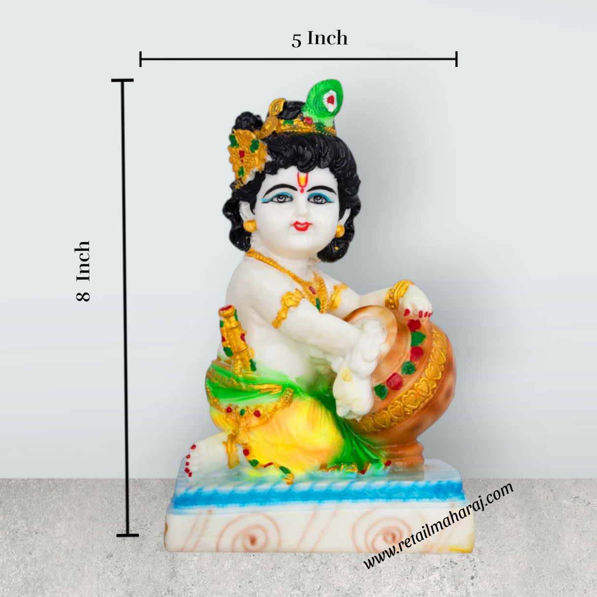 Butter Krishna Murti With Base - 8 x 5 Inches | Marble Murti/ Krishna Idol for Home & Office - Retail Maharaj